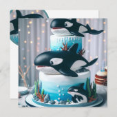 黒と白のオルカホエールケーキかわいい子供たち 招待状 (正面/裏面)