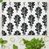 黒と白のオークの葉プリントパターン キッチンタオル (折り畳み)