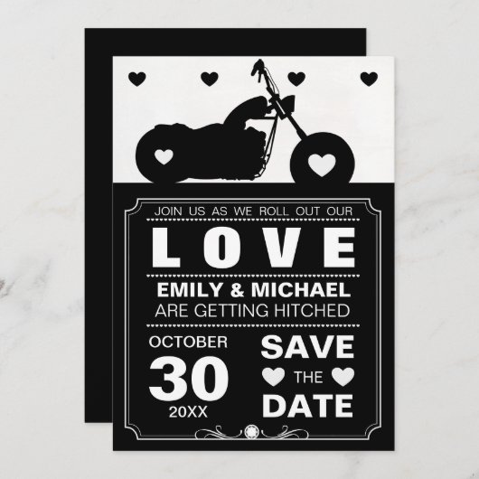 黒と白のオートバイのシルエット日付を保存 セーブザデート (正面/裏面)