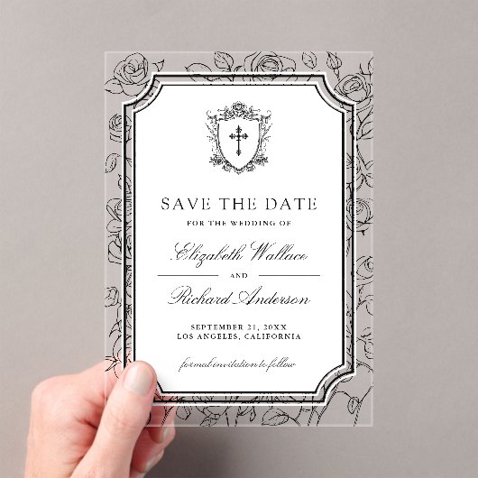 黒と白のカトリック式結婚式 Save the Date アクリル招待状 (インサイチュ (ポータブル))