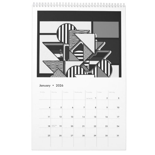 黒と白のカレンダーでの画像 カレンダー (1月 2026)