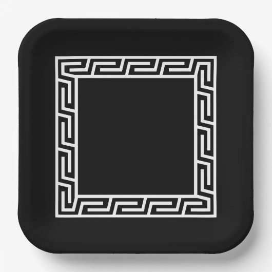 黒と白のギリシャ鍵模様 スクエア 紙皿 (正面)