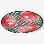 黒と白のギンガムに赤いバラ ペーパープレート (アングル)