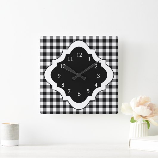 黒と白のギンガムカントリー スクエア壁時計 (ホーム)