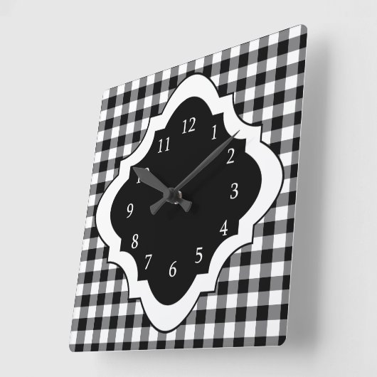 黒と白のギンガムカントリー スクエア壁時計 (傾斜)