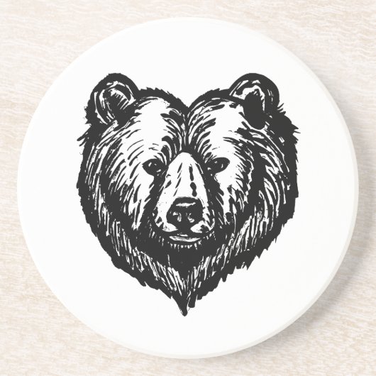 黒と白のクマの顔の墨絵 コースター (正面)