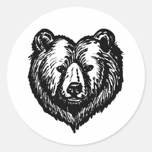 黒と白のクマの顔の墨絵 ラウンドシール (正面)