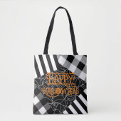 黒と白のクモの巣パッチワークハロウィン トートバッグ (正面)
