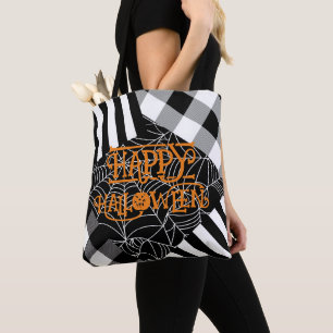 黒と白のクモの巣パッチワークハロウィン トートバッグ