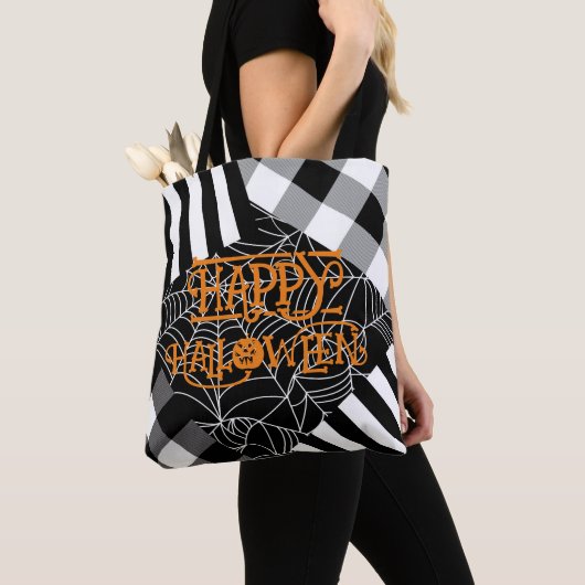 黒と白のクモの巣パッチワークハロウィン トートバッグ (クローズアップ)
