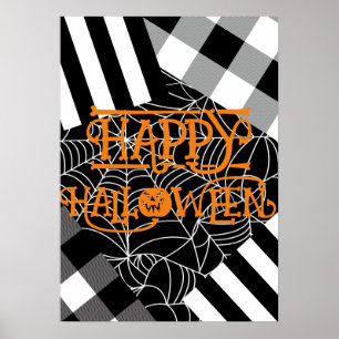 黒と白のクモの巣パッチワークハロウィン ポスター