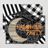 黒と白のクモの巣パッチワーク ハロウィンパーティー 招待状 (正面/裏面)