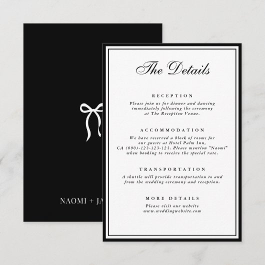 黒と白のクラシカルな結婚式の詳細 エンクロージャーカード (正面/裏面)