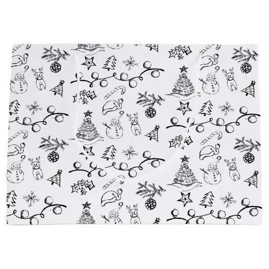 黒と白のクリスマススケッチ ラージペーパーバッグ (正面)