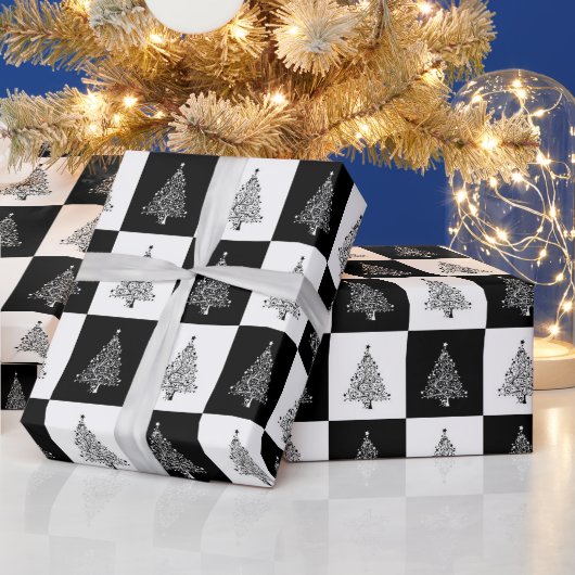 黒と白のクリスマスツリーパターン ラッピングペーパー (クリスマス)