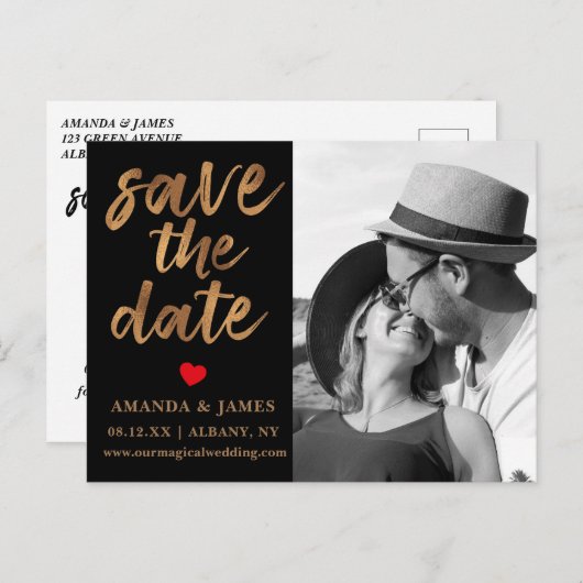 黒と白のクーパーフェイクフォイル写真の日付を保存 案内ポストカード (正面/裏面)