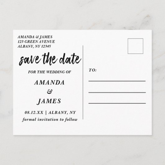 黒と白のクーパーフェイクフォイル写真の日付を保存 案内ポストカード (裏面)