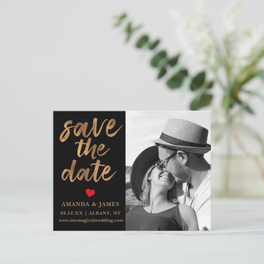 黒と白のクーパーフェイクフォイル写真の日付を保存 案内ポストカード (スタンド正面)