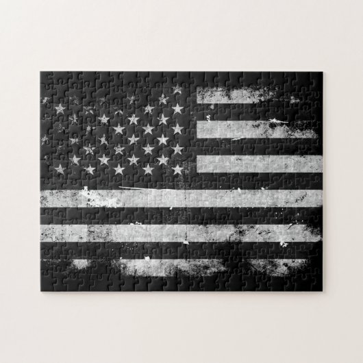 黒と白のグランジアメリカ国旗 ジグソーパズル (横)