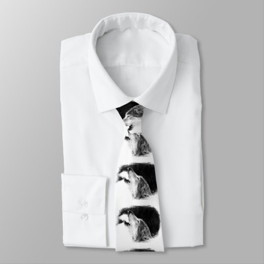 黒と白のグレーのウルフアートワーク ネクタイ (タイ)