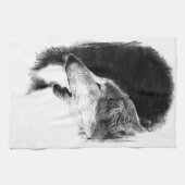 黒と白のグレーのウルフスケッチアートワーク キッチンタオル (横)