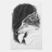 黒と白のグレーのウルフスケッチアートワーク キッチンタオル (縦)