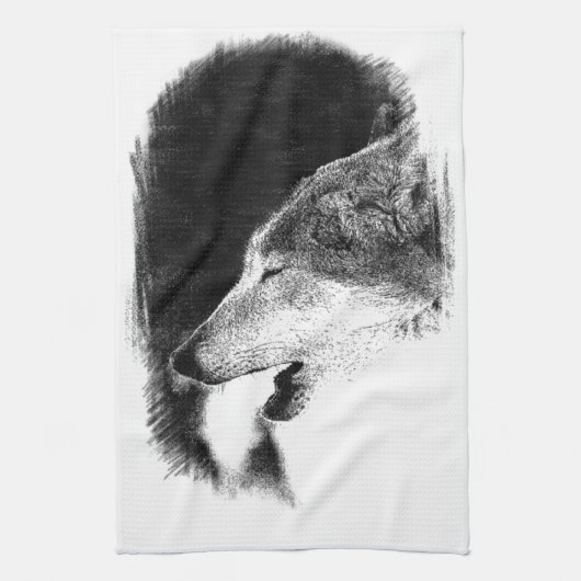 黒と白のグレーのウルフスケッチアートワーク キッチンタオル (縦)