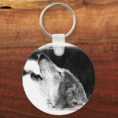 黒と白のグレーのウルフスケッチアートワーク キーホルダー (正面)