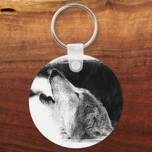 黒と白のグレーのウルフスケッチアートワーク キーホルダー (正面)