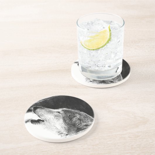 黒と白のグレーのウルフスケッチアートワーク コースター (側面)