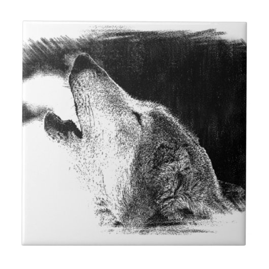 黒と白のグレーのウルフスケッチアートワーク タイル (正面)