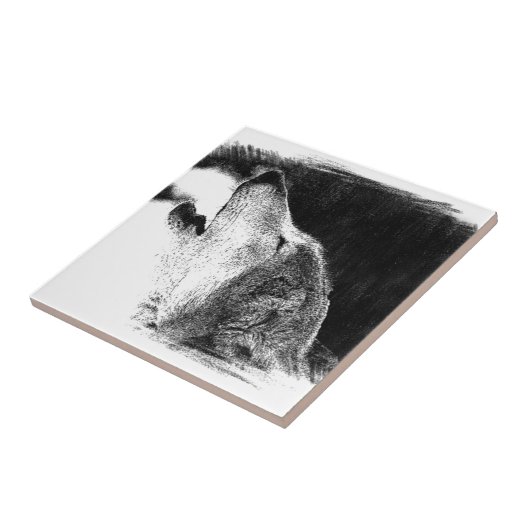 黒と白のグレーのウルフスケッチアートワーク タイル (側面)