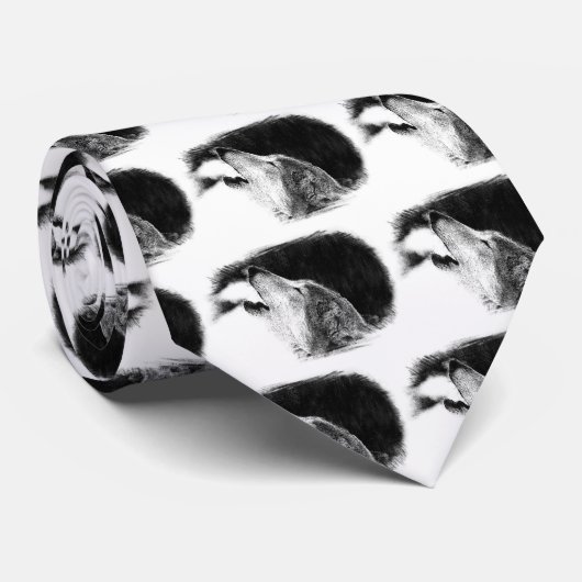 黒と白のグレーのウルフスケッチアートワーク ネクタイ (ロール)