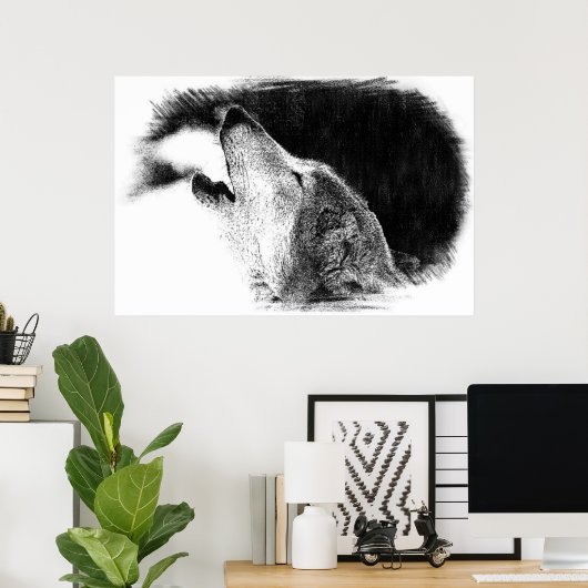 黒と白のグレーのウルフスケッチアートワーク ポスター (ホームオフィス)