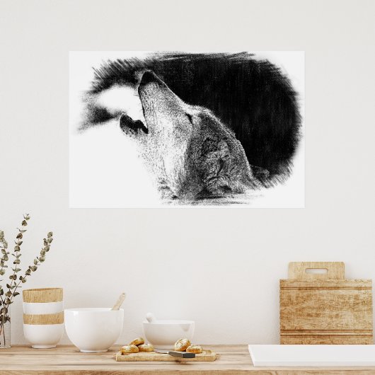 黒と白のグレーのウルフスケッチアートワーク ポスター (キッチン)