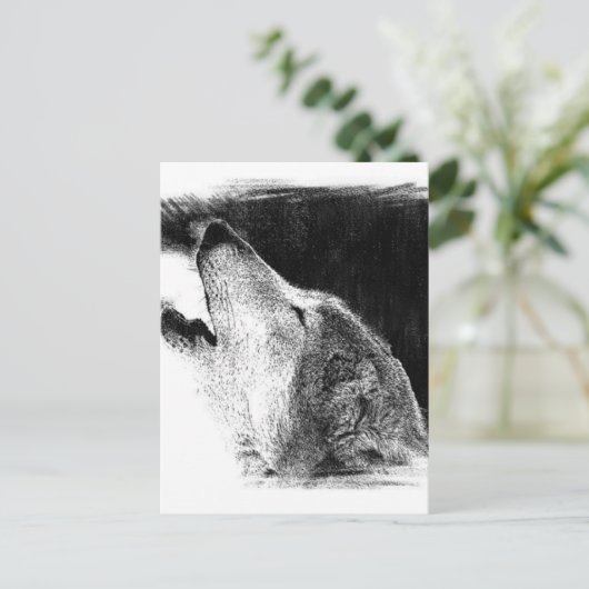 黒と白のグレーのウルフスケッチアートワーク ポストカード (スタンド正面)