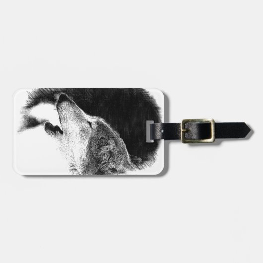黒と白のグレーのウルフスケッチアートワーク ラゲッジタグ (正面横)