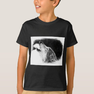 黒と白のグレーのウルフスケッチアートワーク Tシャツ