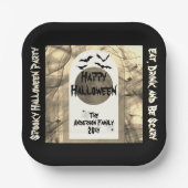黒と白のコウモリとクモのハロウィン フルムーン ペーパープレート (正面)