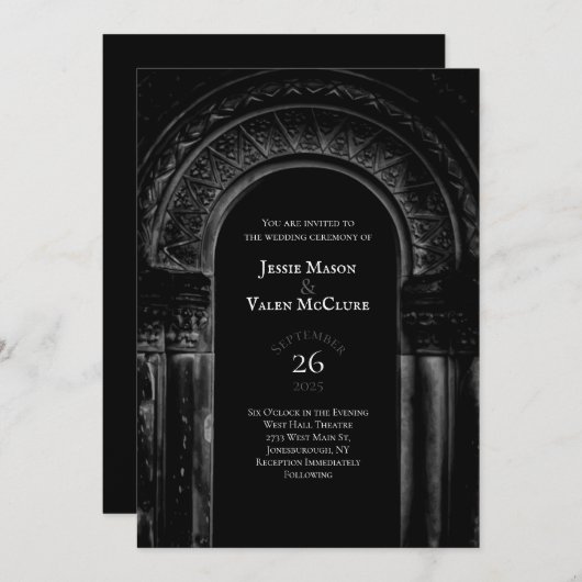 黒と白のゴシックアーチエレガントウェディングダーク 招待状 (正面/裏面)