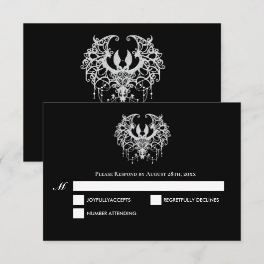 黒と白のゴシックハロウィンウェディングRSVPカード 出欠カード (正面/裏面)