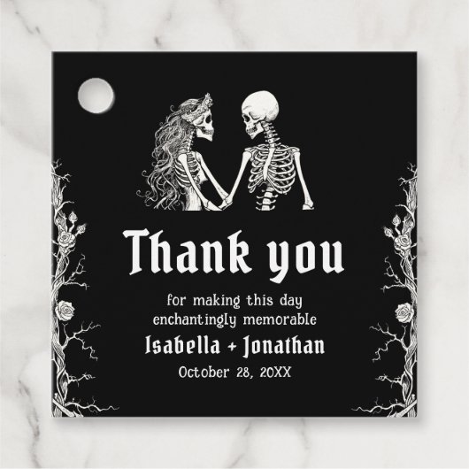 黒と白のゴシックハロウィン スケルトンの結婚式 フェイバータグ (正面)