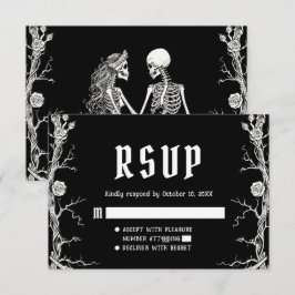 黒と白のゴシックハロウィン スケルトンの結婚式 出欠カード