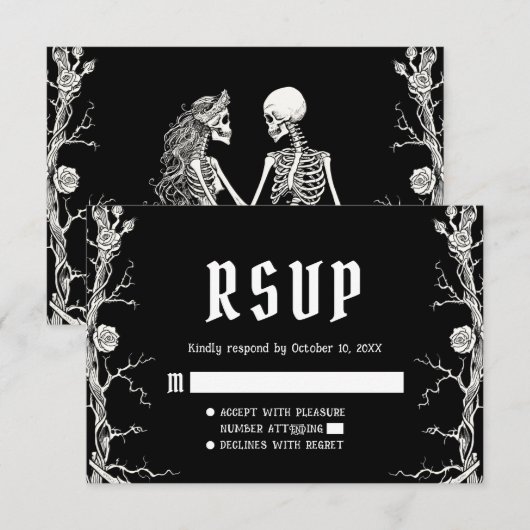黒と白のゴシックハロウィン スケルトンの結婚式 出欠カード (正面/裏面)