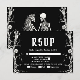 黒と白のゴシックハロウィン スケルトンの結婚式 出欠カード