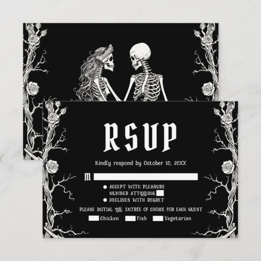 黒と白のゴシックハロウィン スケルトンの結婚式 出欠カード (正面/裏面)