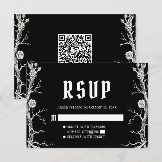 黒と白のゴシックハロウィン スケルトンの結婚式 出欠カード (正面/裏面)