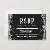 黒と白のゴシックハロウィン スケルトンの結婚式 出欠カード (正面)