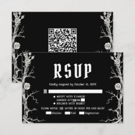 黒と白のゴシックハロウィン スケルトンの結婚式 出欠カード