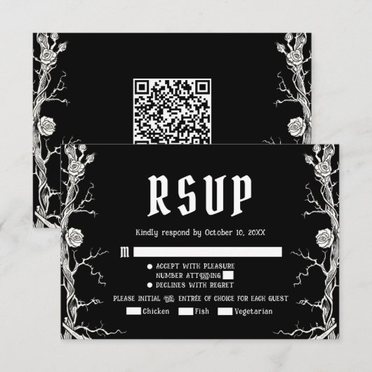黒と白のゴシックハロウィン スケルトンの結婚式 出欠カード (正面/裏面)